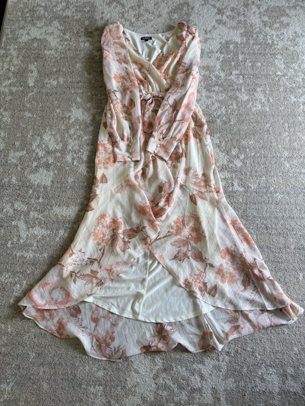 Express Floral Faux Wrap Midi Dress in Blush Peach